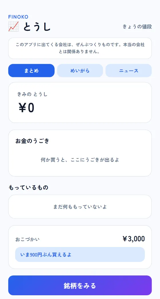 Finoko の子ども画面。とうし（疑似投資）