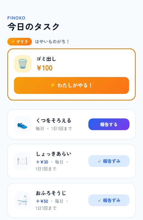 Finoko の子ども画面。今日のタスク一覧と「わたしがやる！」ボタン