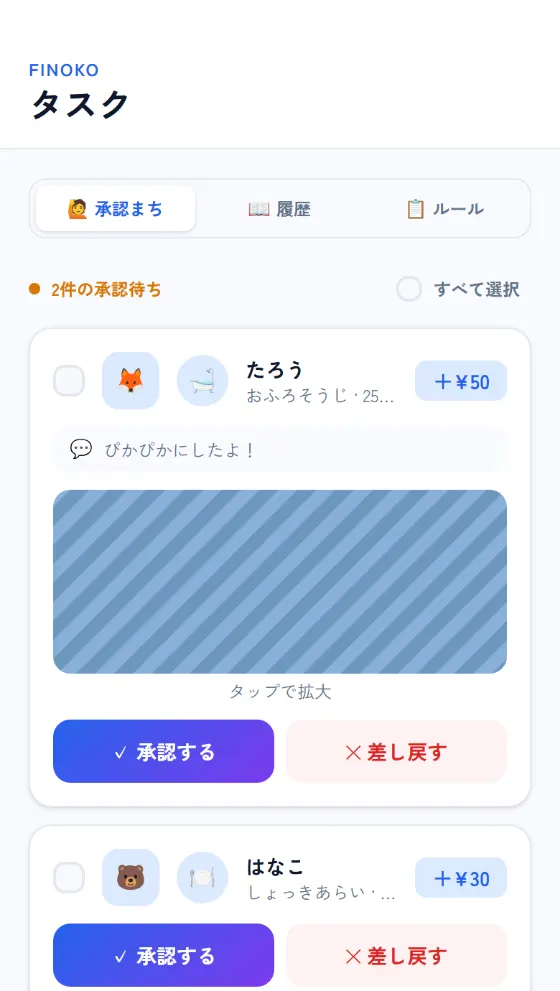 Finoko の保護者画面。承認待ちタスクの一覧